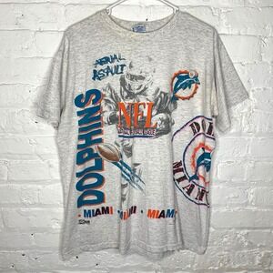 Vintage Salem Miami Dolphins AOP T Shirt Tee Size Large Heathered Gray‎